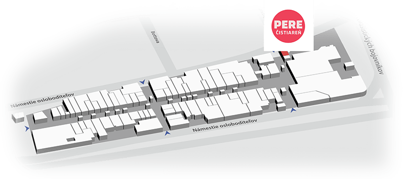 Mapa auparku so zvíraznenou lokalitou PERE čistiareň, PERE, čistiareň, aupark, prádlo, textil, čistenie, pranie